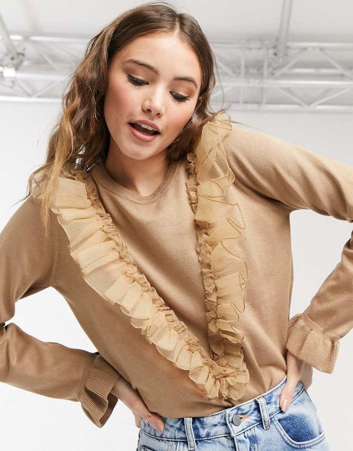 Qed London frilled mesh detail sweater in camel - ShopStyle