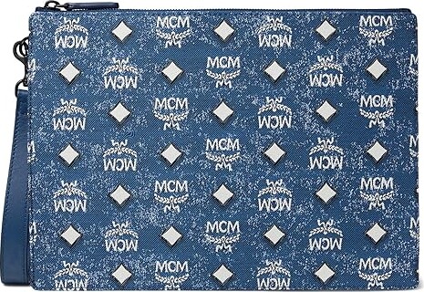 MCM Aren Vintage Monogram Fabric Flat Pouch Medium (Denim