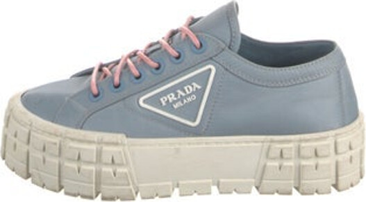 Prada Nylon Low Top Sneakers Blue Graphic Print Rubber Trim Round-Toes Platform Lace-Up Closure at Uppers