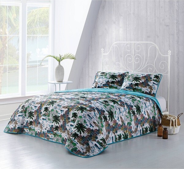 Geneva Home Fashion GenevaHomeFashion3pcQueenBaliHouseHavanaTropicalQuilt&ShamSetWhite/Green/Black:Microfiber,ReversibleDesign