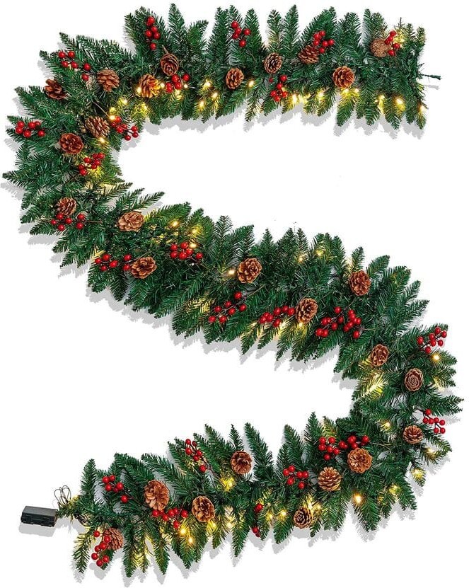 Joyfy 9Ft Artificial Christmas Garland Prelit with LED Lights, 27 Pine Cones, 27 Red Berries(Batteries not Included)