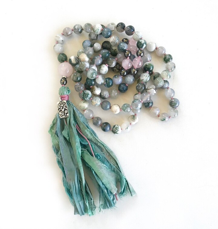 Etsy Mala For Emotional Balance - Yoga Prayer Beads Agate & Rose Quartz 108 Bead Necklace Sari Silk Tassel Meditation
