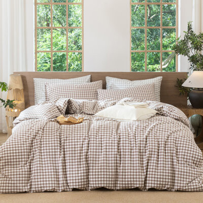 MooMee Gingham Duvet Cover Set 100% Washed Cotton Linen Like Lightweight