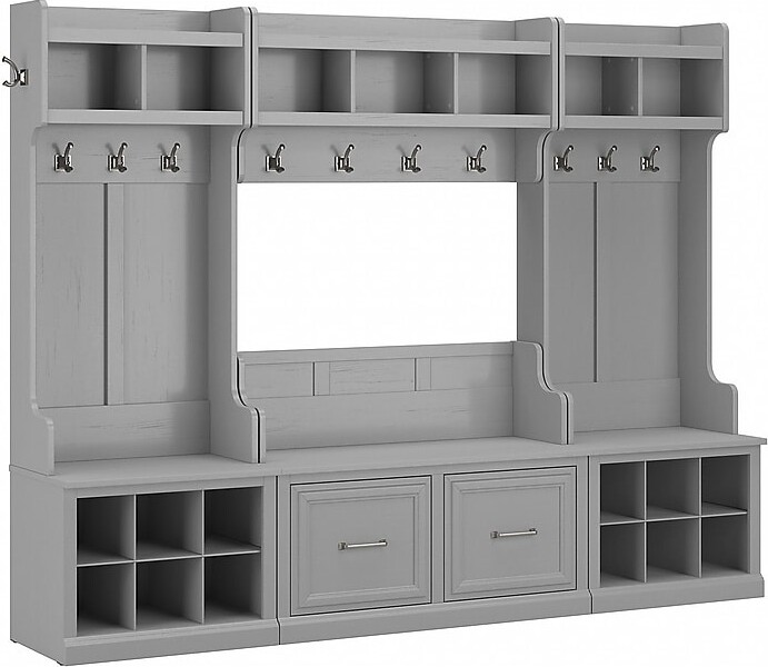 Bush Furniture Woodland Full Entryway Storage Set with Coat Rack and Shoe Bench with Doors, Cape Cod Gray (WDL013CG)