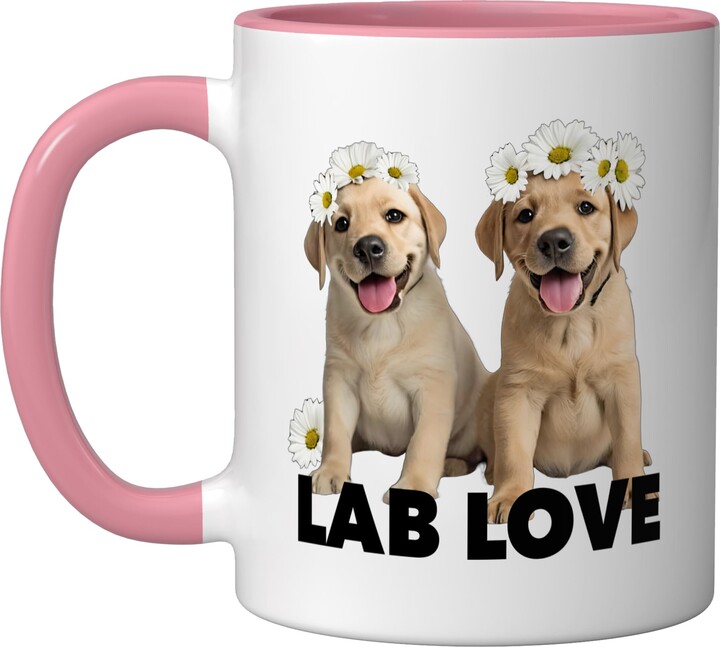 Tripping Daisies Woof Lab Love labrador retriever yellow dog dad mom daisy puppy Ceramic Mug, Pink/White