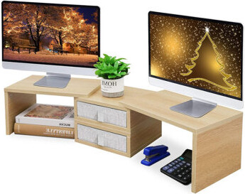 Hokku Designs Dual Monitor Stand Riser with 2 Drawers-Length and Angle ...