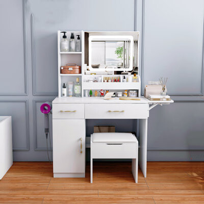 Wrought Studio Vanity With LED Mirror Light And Power Outlet Charging Station Featuring 3 Drawers 7 Shelves And Storage Stool