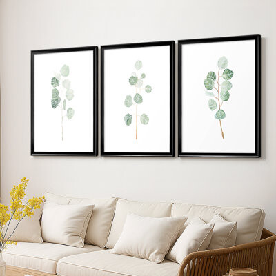 Hokku Designs Soft Eucalyptus Branch I -Custom Framed Wrapped Gallery Canvas - 3 Pieces