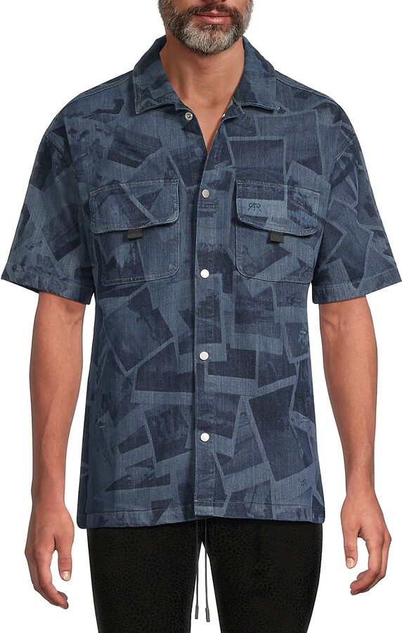 RtA Cotton Denim-Print Short-Sleeve Shirt