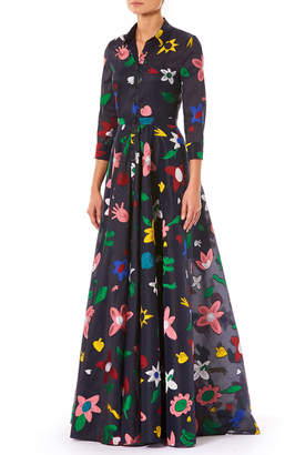 3/4-Sleeve Button-Front Floral-Embroidered Full Evening Gown