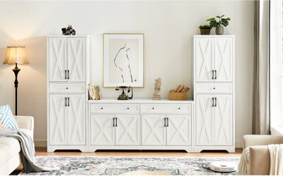 White Tv Cabinet For An Exquisite Living Room - 108.7''l X 15''w 68''h, Comprising & Two Sideboards, Ample Storage Space Stand , Multifunctional With