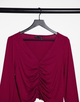 Thumbnail for your product : ASOS Curve DESIGN Curve V-front ruched detail top with long sleeves and lettuce edge in burgundy