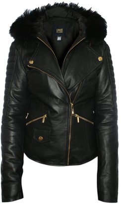 Class Cavalli Black Leather Fur Trim Hooded Biker Jacket
