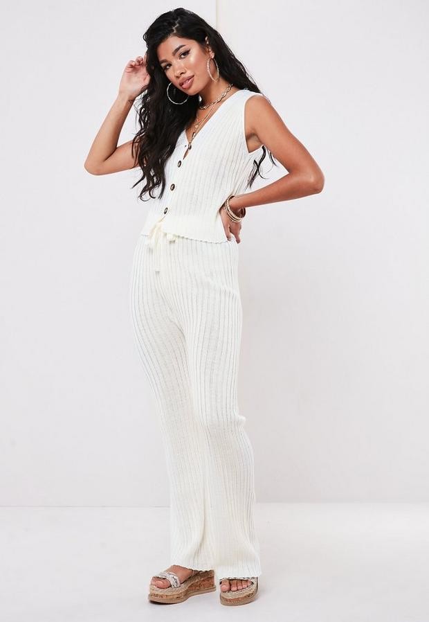 petite ribbed flare trousers