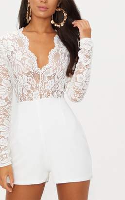 PrettyLittleThing White Lace Long Sleeve Plunge Playsuit