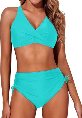 geluboao Bikini Set for Women Solid V Neck Knot Front Push Up High