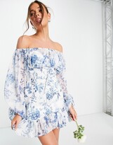 Thumbnail for your product : ASOS DESIGN fallen shoulder corset detail mini dress with lace up in blue floral