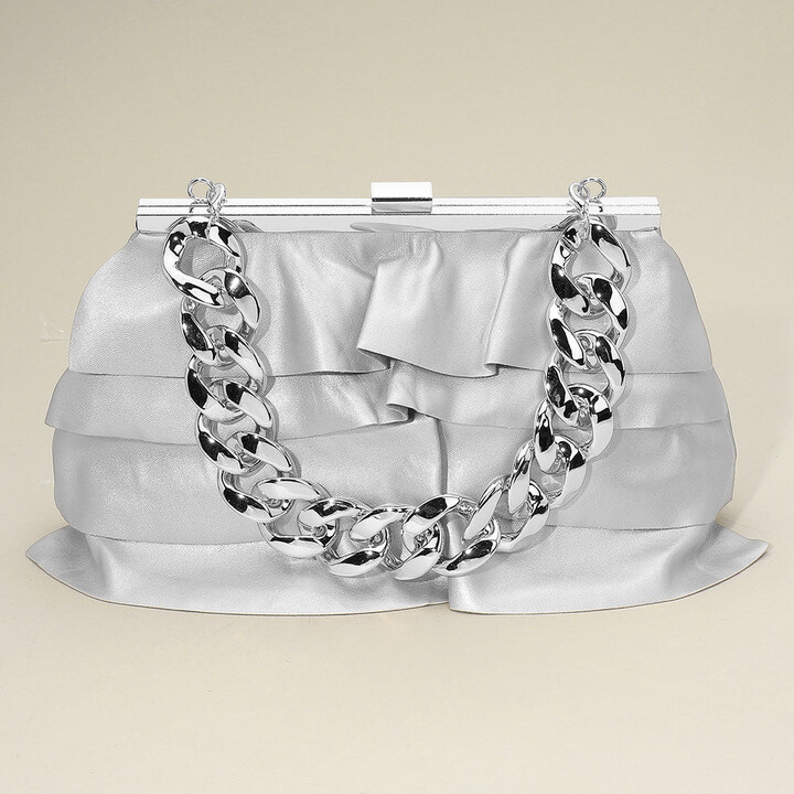 FASHNZFAB Faux Leather Layered Ruffle Chunky Chain Strap Handle Evening Clutch Bag / Crossbody Bag