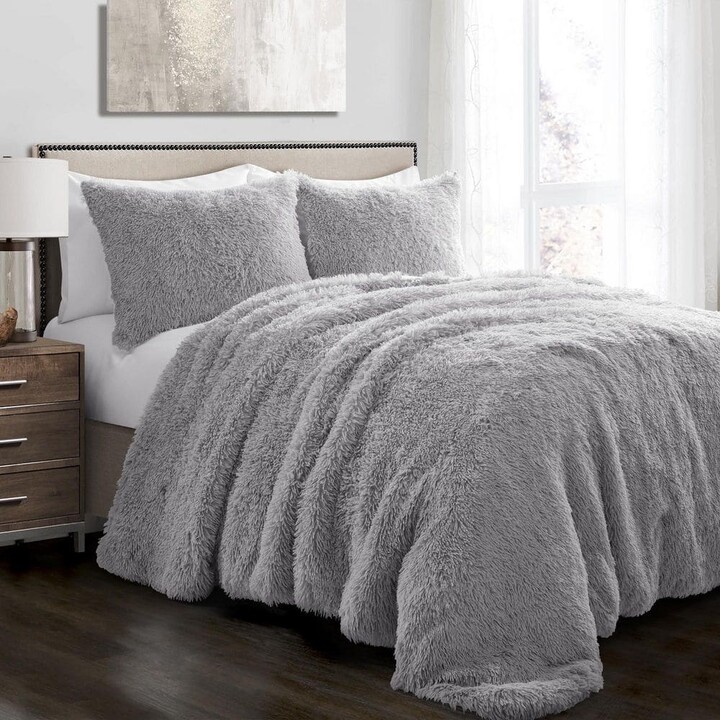 HOMEBOUTIQUE Emma Faux Fur 3 Pieces Light Gray Solid Microfiber Full/Queen Comforter Set
