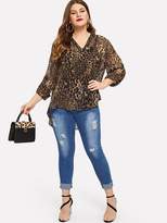 Thumbnail for your product : Shein Plus V-cut Neck Rolled Tab Sleeve Leopard Top