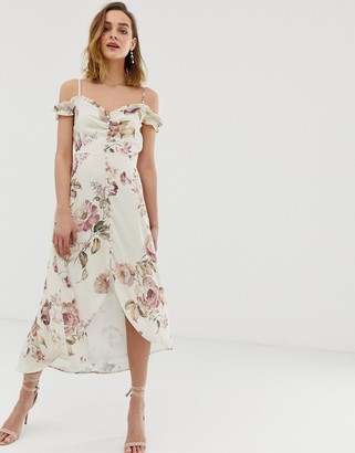 hope & ivy high neck midi dress with open back in blue floral