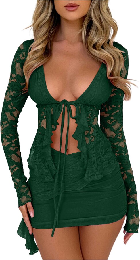 Lace Mini Skirt Women's 2-Piece Lace Outfit Sexy Crop Top