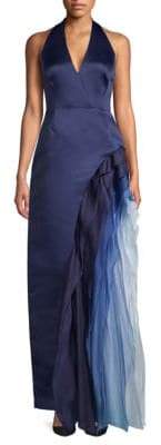 Halston Ombre Ruffle Halter Gown