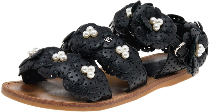 Chanel Black Leather Camellia Flower Pearl Embellished Flat Sandals Size  37.5 - ShopStyle