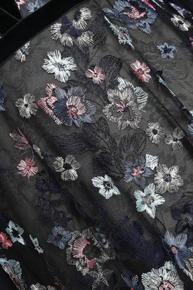 Monique Lhuillier Velvet-trimmed Embroidered Tulle Gown