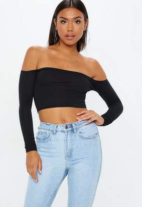 Missguided Black Long Sleeve Jersey Bardot Crop Top - ShopStyle