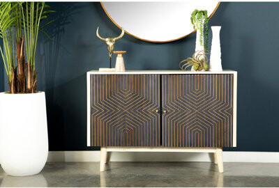 Latitude Run 2-Door Freestanding Solid Wood Cabinet With White Washed And Black Finish Mid-Century Modern 16 Inches Deep For Living Space Accent Cabinet Tapered