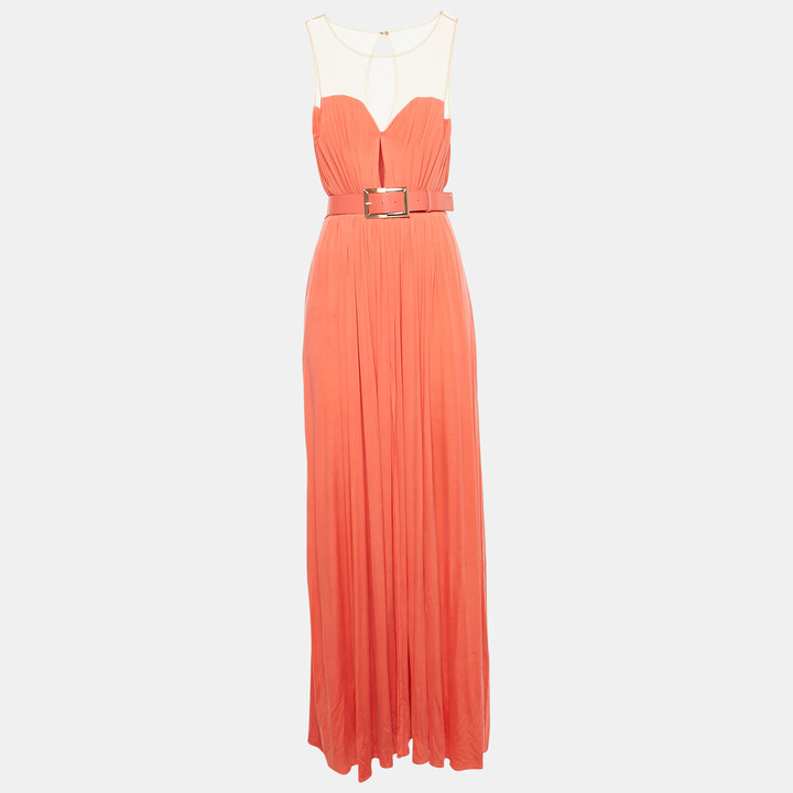 Elisabetta Franchi Coral Tulle Trim Peated Jersey Belted Dress L