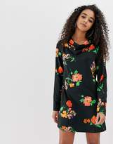 Thumbnail for your product : ASOS Design DESIGN long sleeve cowl shift dress in pansy print