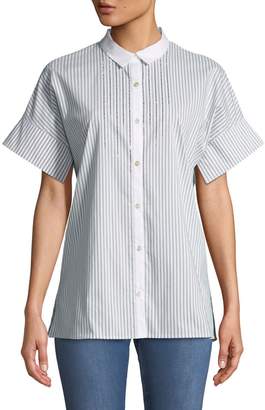 St. John Short-Sleeve Striped Button-Down Shirt with Sequin Detail