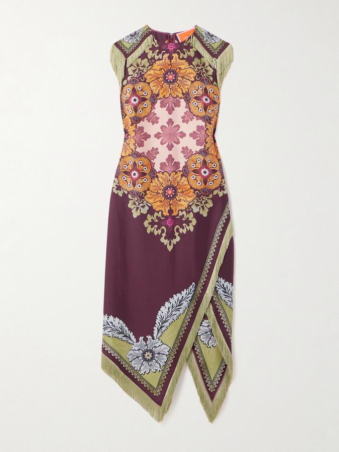 La DoubleJ Valkyrie Asymmetric Fringed Printed Silk Dress - Multi