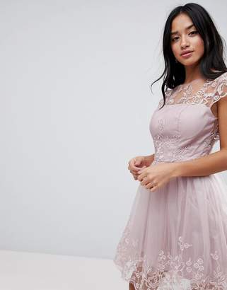 Chi Chi London Petite Premium Lace Midi Prom Dress with Lace Neck