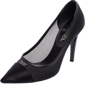 Chanel Black Mesh and Satin Pointed Cap Toe Pumps Size 37.5 - ShopStyle