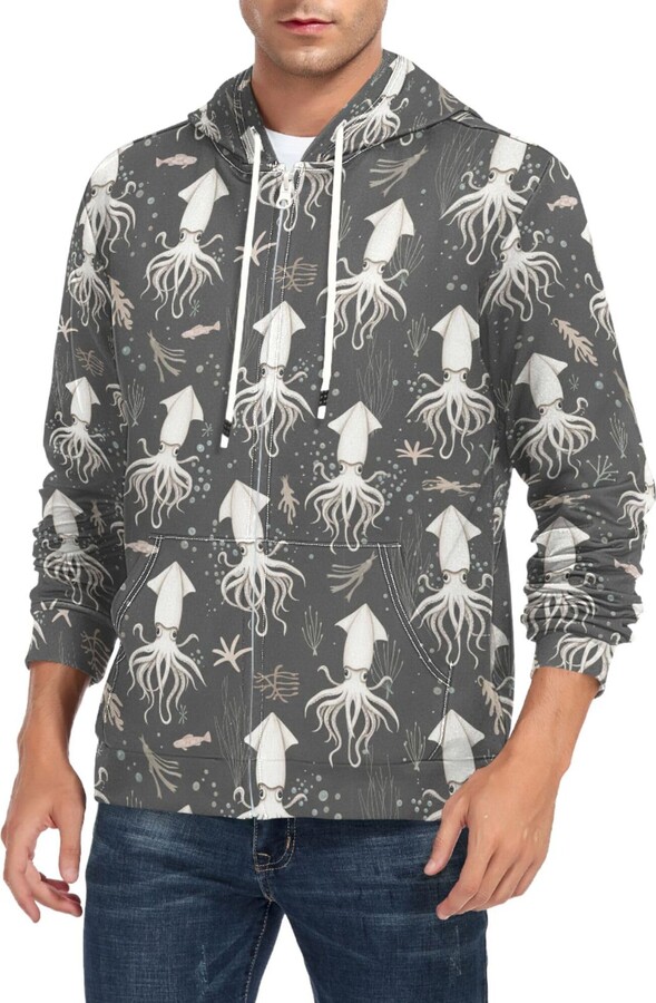 CUPADA Mens Full Zip Hoddie White Squid Dark Background Long Sleeve Casual Sweatshirt with Pocket Jacket Fall Winter Coat
