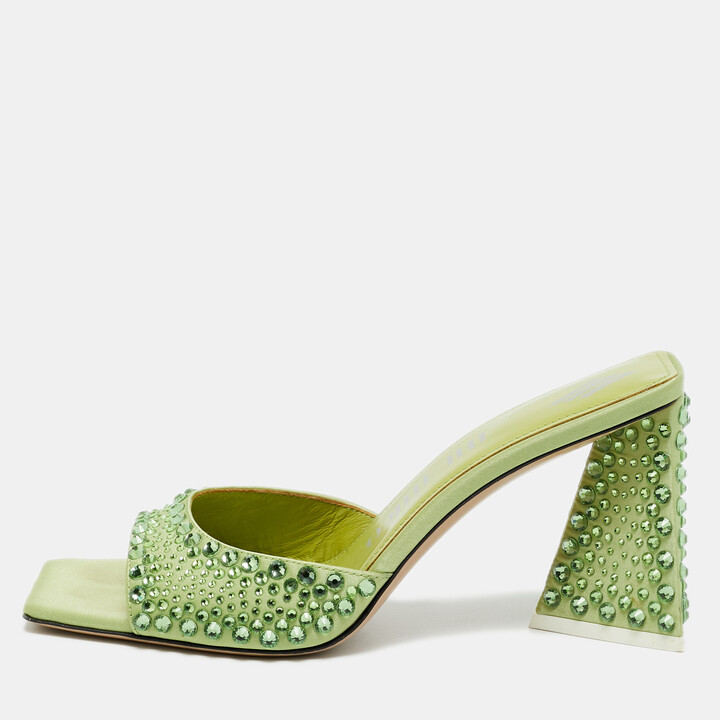 ATTICO Devon Size 38 Lime Green Satin Crystal Embellished Slide Sandals
