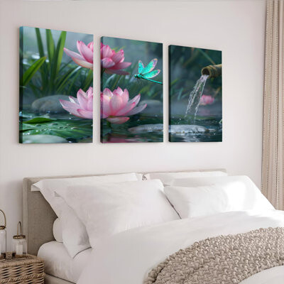 Bungalow Rose Lotus Flower and Dragonfly Nature Scene Canvas Wrapped Wall Art Oil Painting Print Set of 3