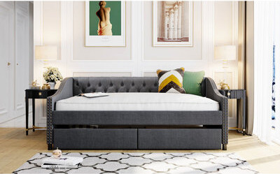 Full Size Upholstered Daybed With Two Versatile Drawers & Robust Wood Slat Support - Customize Your Living Area Style In Beige Functional Storage Stab