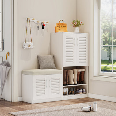 Large Capacity Shoe Cabinet With 7+3 Compartments, White, Adjustable Bench For Entryway Elegant Storage Living Room Decor