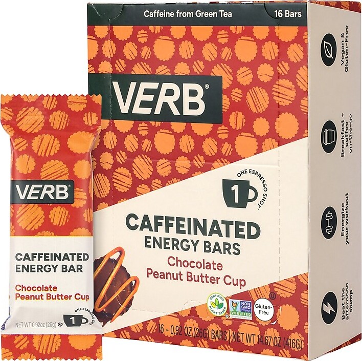 Verb Caffeinated Gluten Free Chocolate Peanut Butter Cup Energy Bar, 0.92 oz., 16/Pack (220-02524)