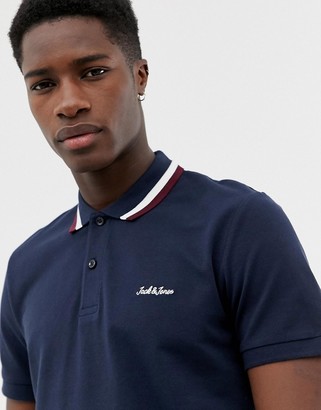 Jack and Jones Originals polo with logo and tipped collar in navy