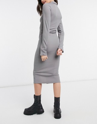 Collusion long sleeve midi zip-front dress in grey
