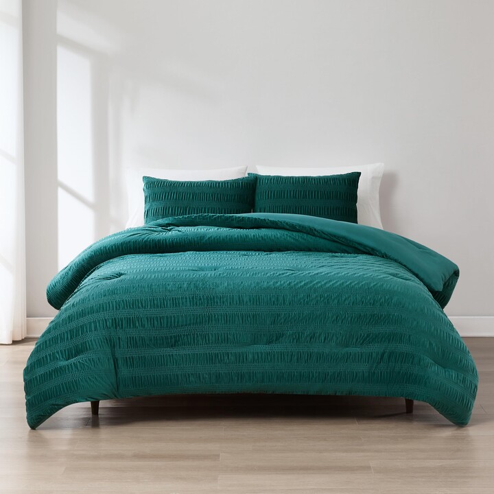 Lush Decor Azalea Ruched Velvet Stripe Comforter 3 Piece Set King/Cal King Teal - Soft Bedding Set - Velvet Comforter - Blue Bedding - Modern Glam