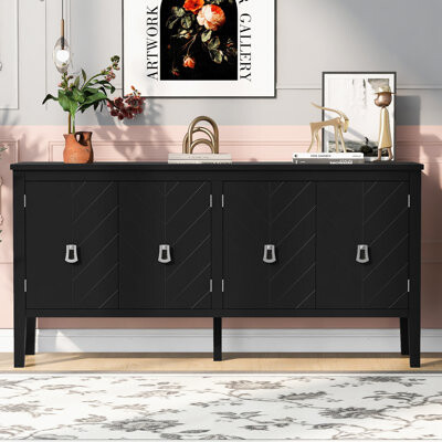 Latitude Run Four-Door Sideboard with Geometric Line Patterns and Vintage Metal Handles for Timeless EleganceSuitable for Living Rooms Entrance and Study Rooms