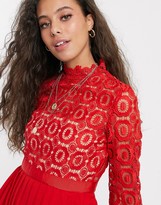 Thumbnail for your product : Little Mistress Petite mini length 3/4 sleeve lace dress in tomato red