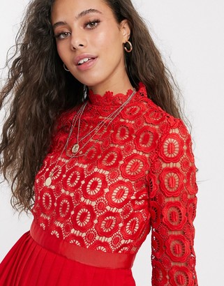 Little Mistress Petite mini length 3/4 sleeve lace dress in tomato red
