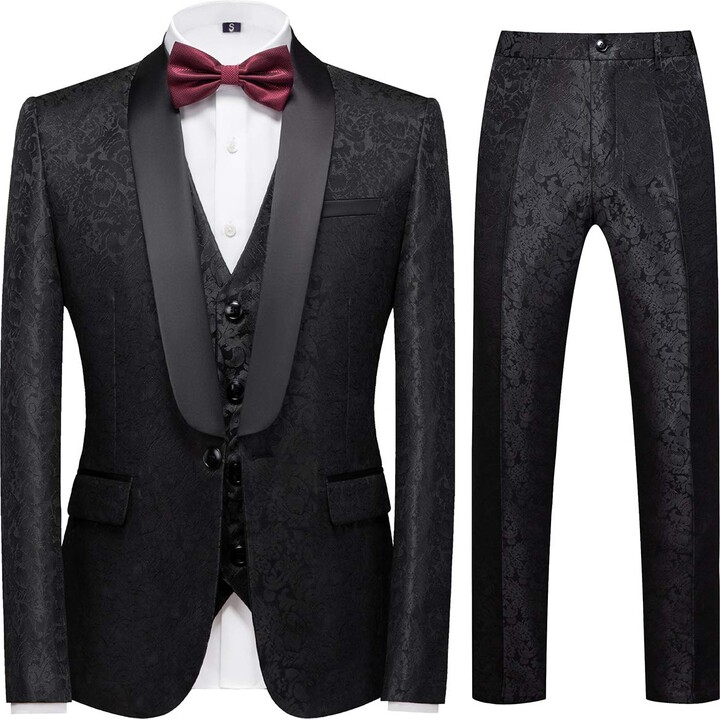 Sliktaa Men's 3 Pieces Suit Formal Classic Shawl Collar Wedding Jacquard Dress Tuxedo Jacket